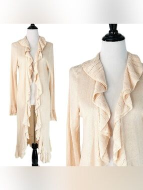 Lightweight 100% Linen Maxi Knot Sweater Ralph Lauren Ruffle Duster Cardigan M